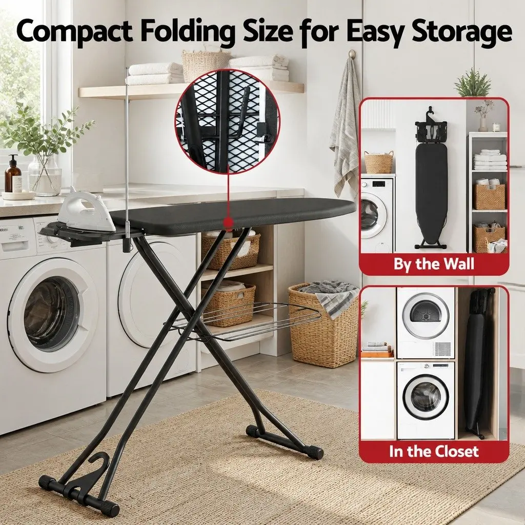 Foldable Ironing Board Grey Heavy Duty Steel Frame Adjustable Height