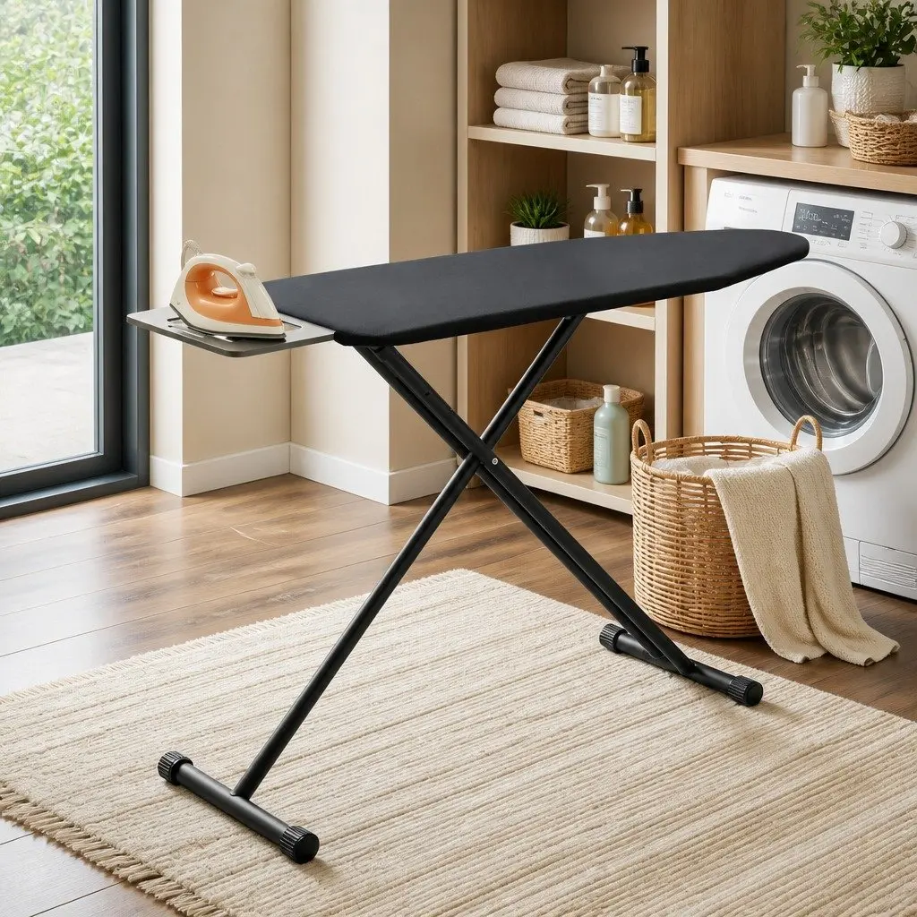 Foldable Ironing Board Black Heavy Duty Steel Frame 6 Height Settings 3-Layer Cover