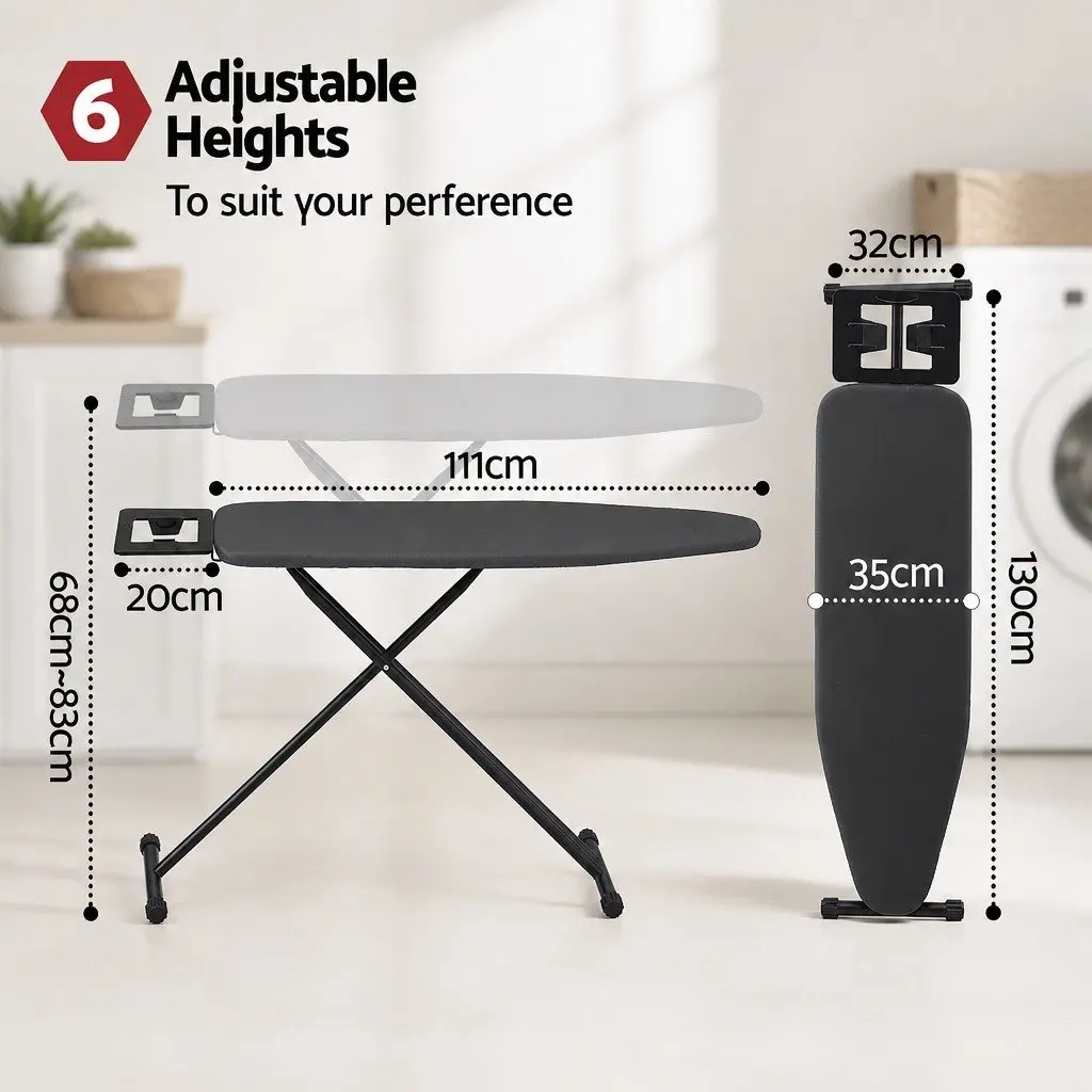 Foldable Ironing Board Black Heavy Duty Steel Frame 6 Height Settings 3-Layer Cover