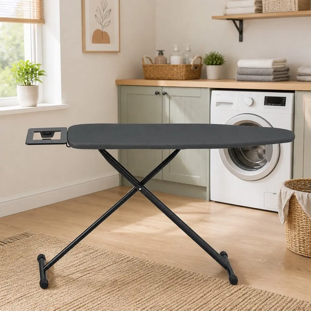 Foldable Ironing Board Black Heavy Duty Steel Frame 6 Height Settings 3-Layer Cover