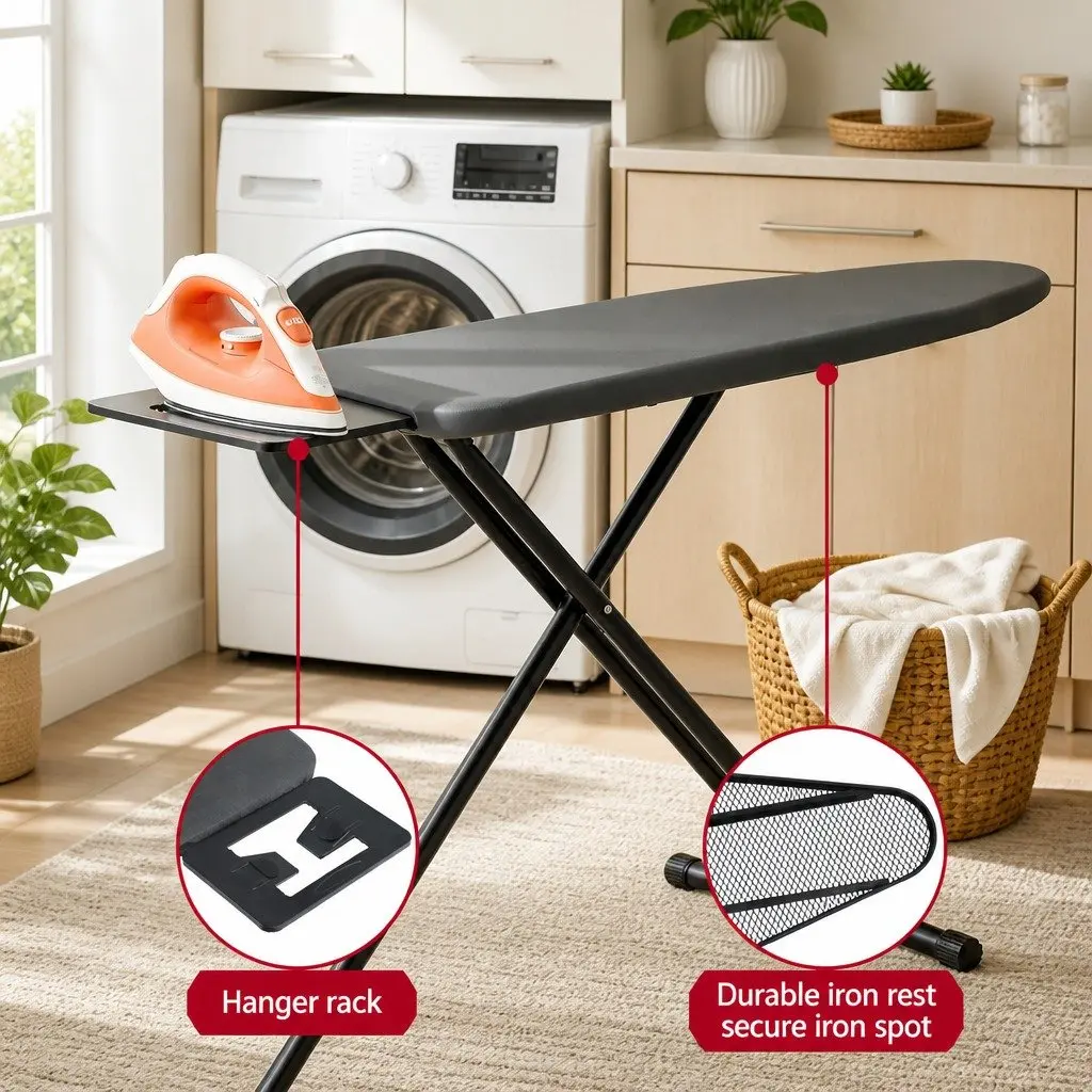 Foldable Ironing Board Black Heavy Duty Steel Frame 6 Height Settings 3-Layer Cover