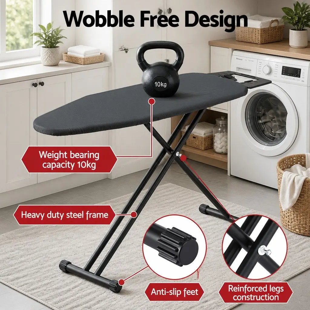 Foldable Ironing Board Black Heavy Duty Steel Frame 6 Height Settings 3-Layer Cover