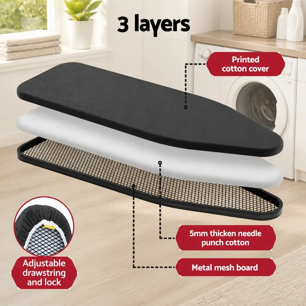 Foldable Ironing Board Black Heavy Duty Steel Frame 6 Height Settings 3-Layer Cover