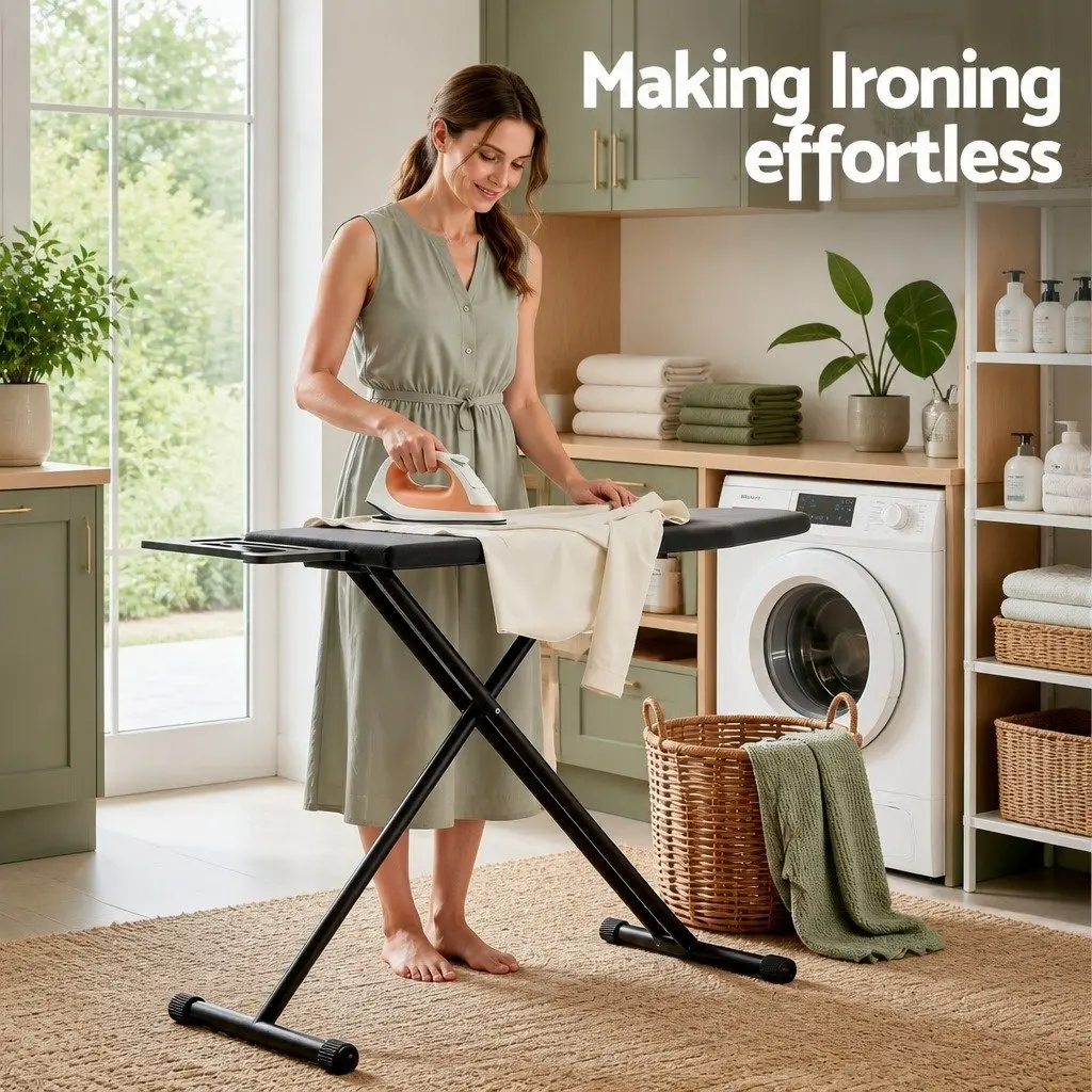 Foldable Ironing Board Black Heavy Duty Steel Frame 6 Height Settings 3-Layer Cover