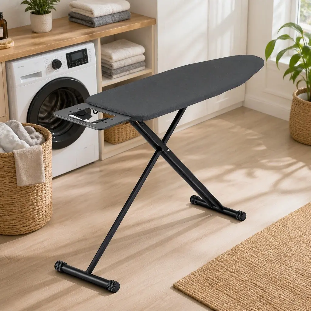 Foldable Ironing Board Black Heavy Duty Steel Frame 6 Height Settings 3-Layer Cover