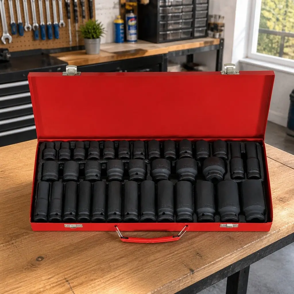 Impact Socket Set Black 35 Piece 1/2 Inch Drive Metric 6 Point Deep Short Sockets