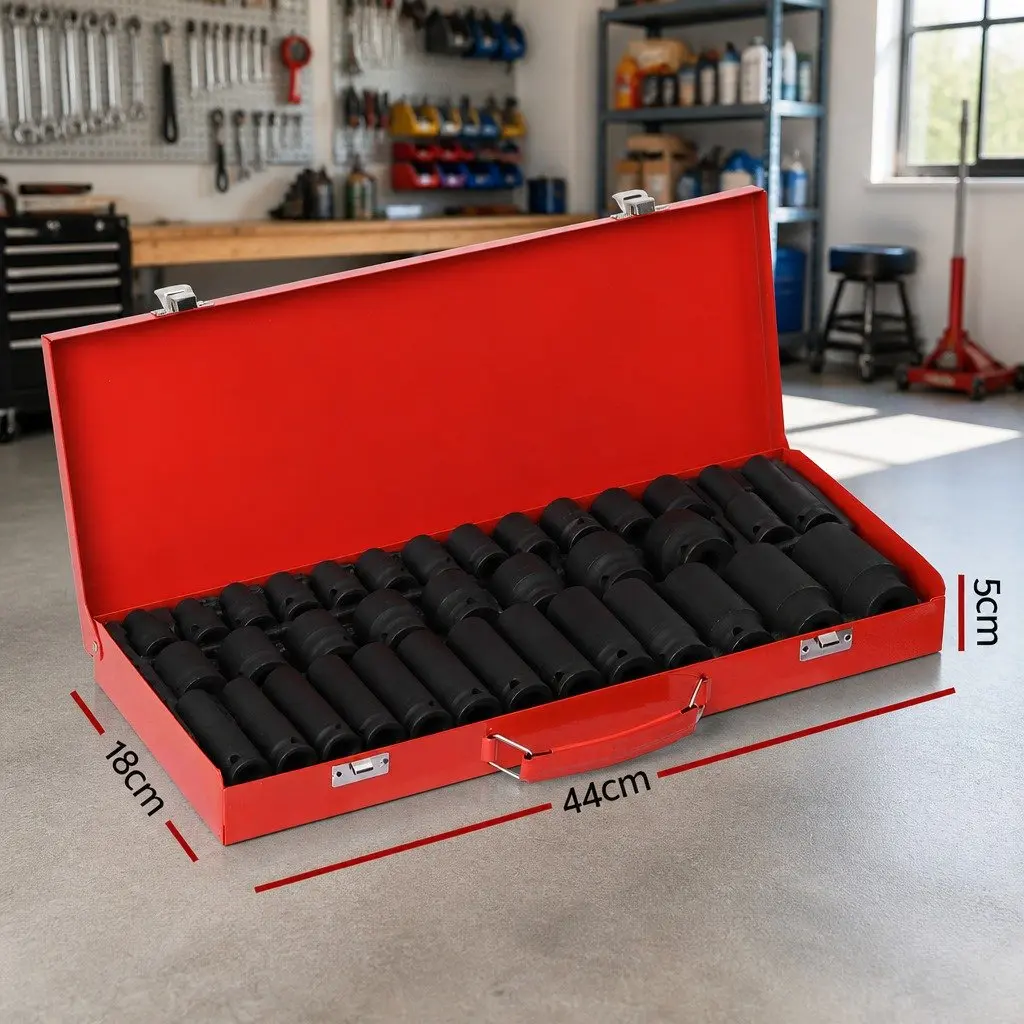 Impact Socket Set Black 35 Piece 1/2 Inch Drive Metric 6 Point Deep Short Sockets