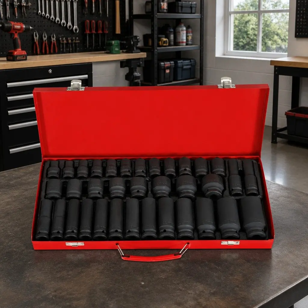 Impact Socket Set Black 35 Piece 1/2 Inch Drive Metric 6 Point Deep Short Sockets
