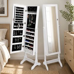 Mirror Jewellery Cabinet Makeup Storage Floor Standing Organiser 6 Shelves White