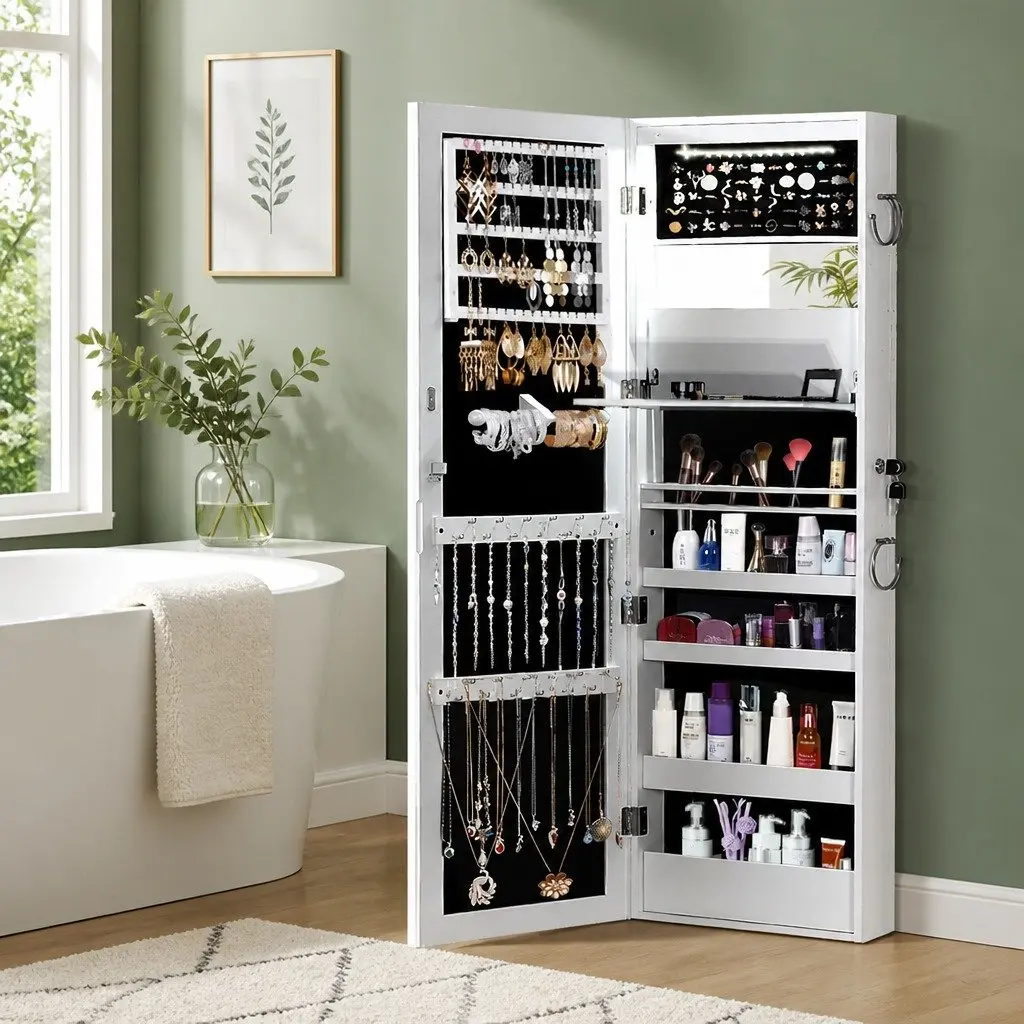 Jewellery Cabinet White Full Length Wall Mounted Storage Organiser with Interior Mirror and Multiple Compartments