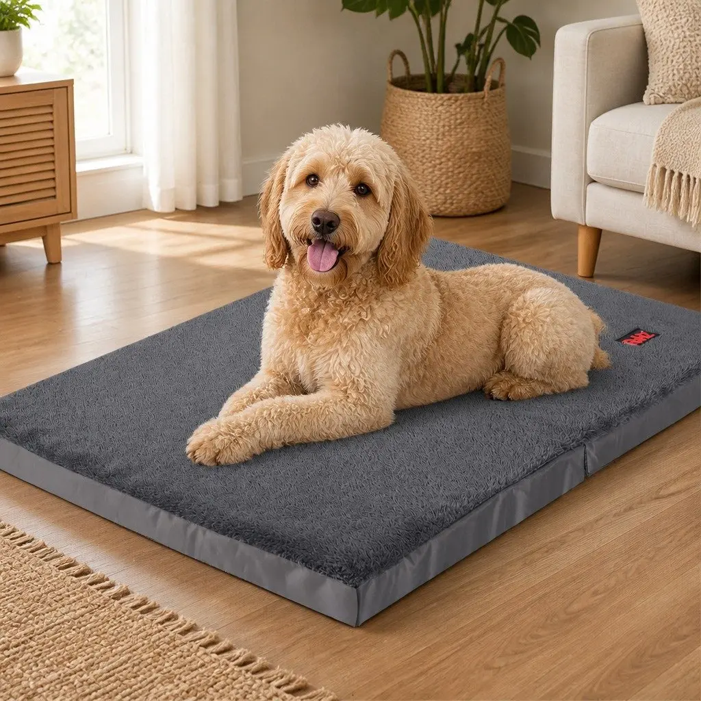 Foldable Pet Bed Grey X-Large Portable Washable Cover Non-Slip Bottom Egg Crate Foam