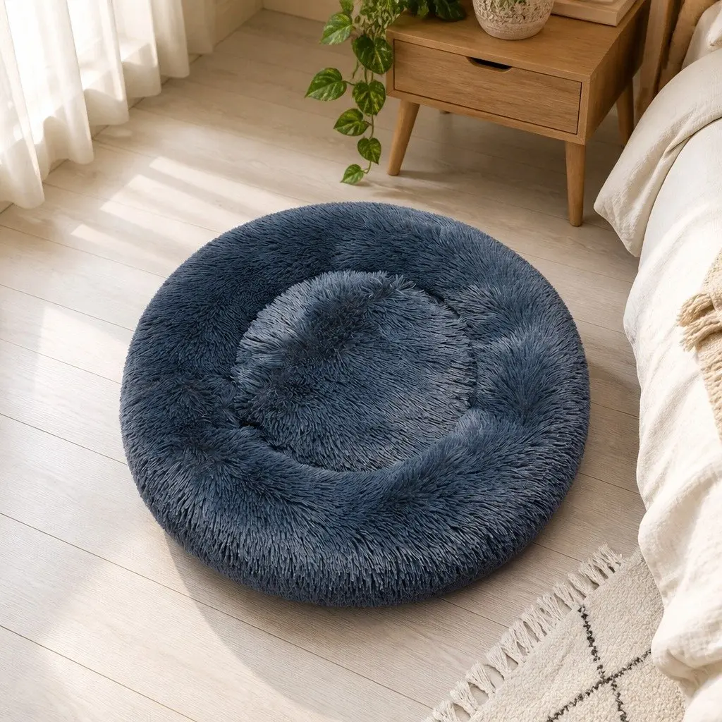 Pet Bed Dark Grey Large Donut-shaped Calming Comfort Plush Mattress Non-slip