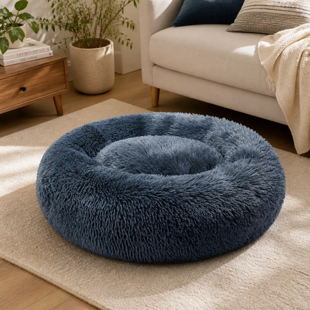 Pet Bed Dark Grey Large Donut-shaped Calming Comfort Plush Mattress Non-slip