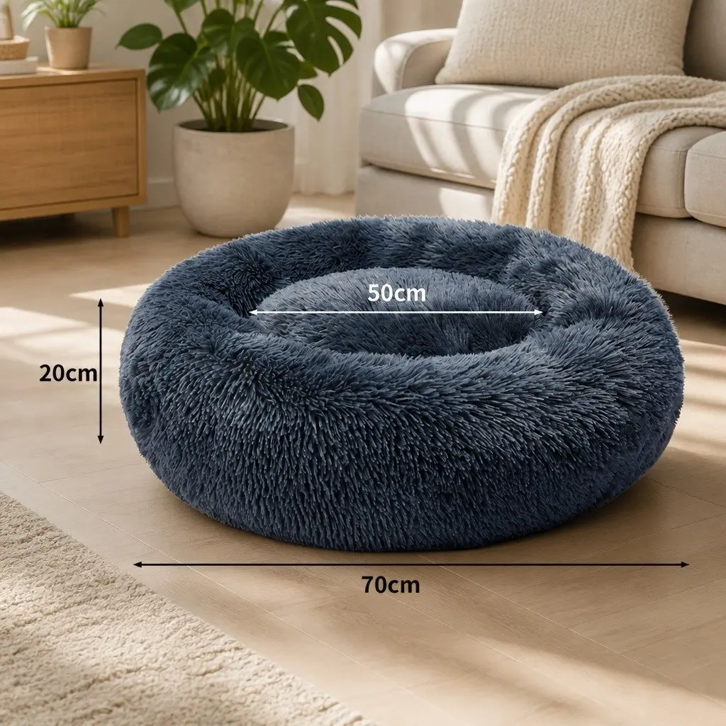 Pet Bed Dark Grey Large Donut-shaped Calming Comfort Plush Mattress Non-slip