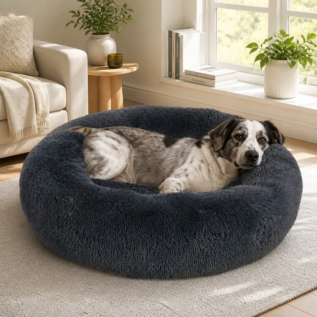 Pet Bed Dark Grey Large Donut-shaped Calming Comfort Plush Mattress Non-slip