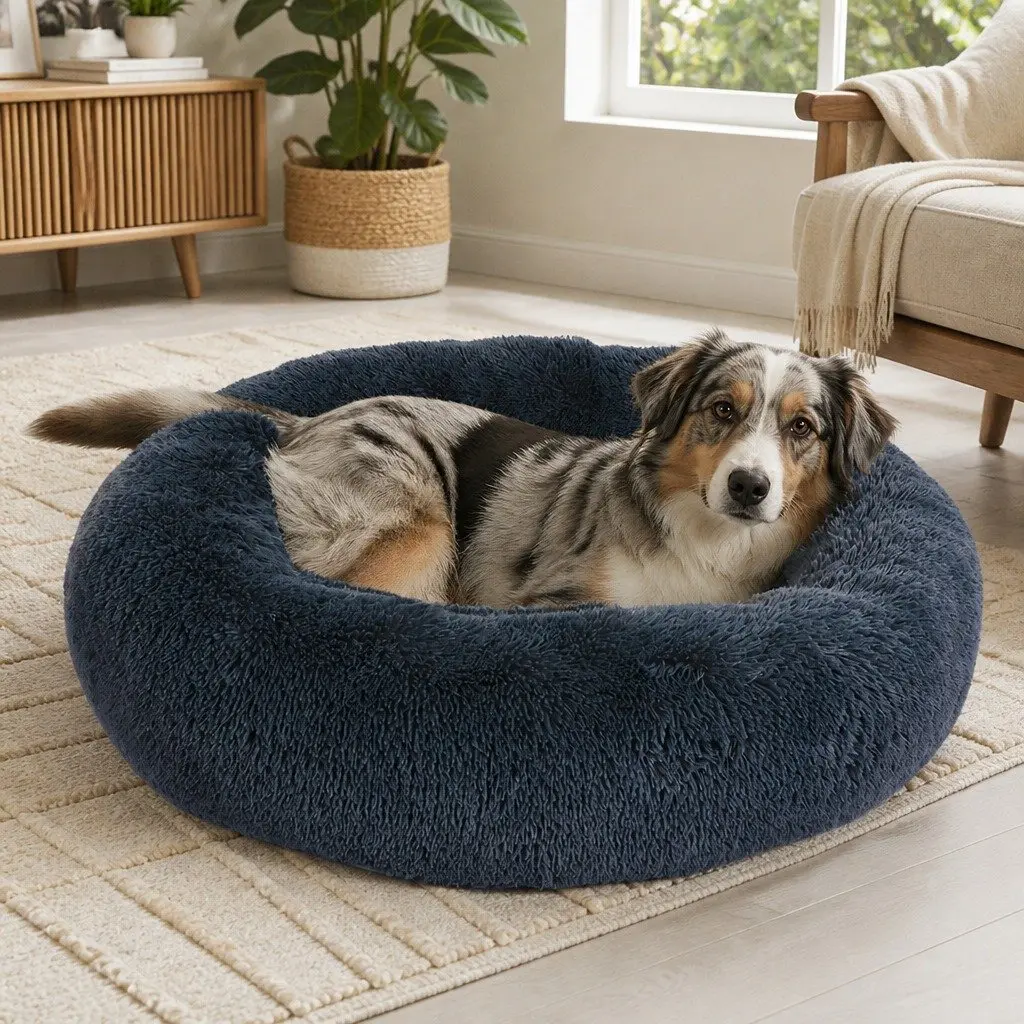 Pet Bed Dark Grey Large Donut-shaped Calming Comfort Plush Mattress Non-slip