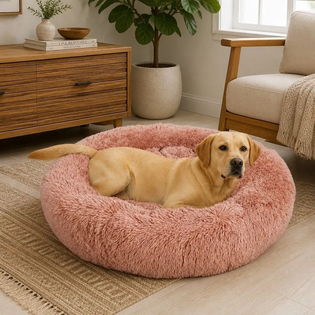 Large Pink Donut Pet Bed Calming Nest Round Cushion Non-Slip