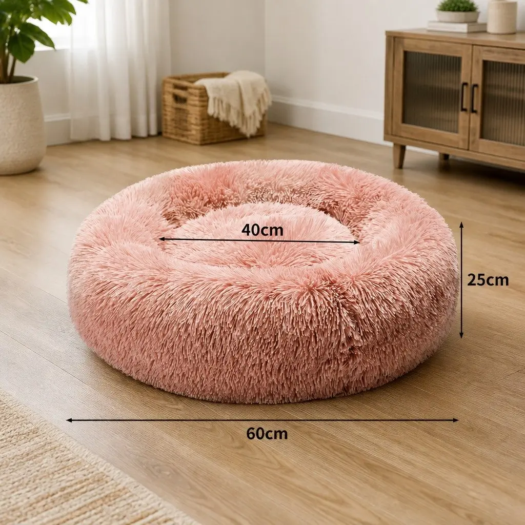 Pet Bed Pink Medium Calming Donut Nest Raised Rim Non-Slip Plush