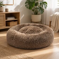 Pet Bed Mattress Donut-Shaped Calming Dog Bedding Medium Brown Washable Comfort