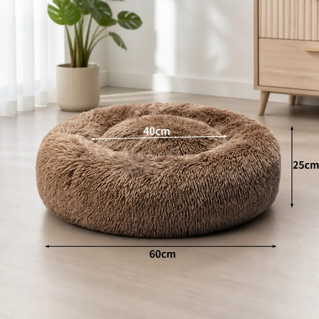Pet Bed Medium Brown Donut-Shaped Calming Bedding Washable Comfort