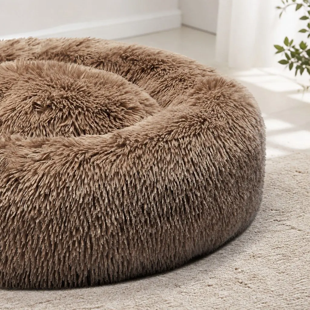 Pet Bed Medium Brown Donut-Shaped Calming Bedding Washable Comfort