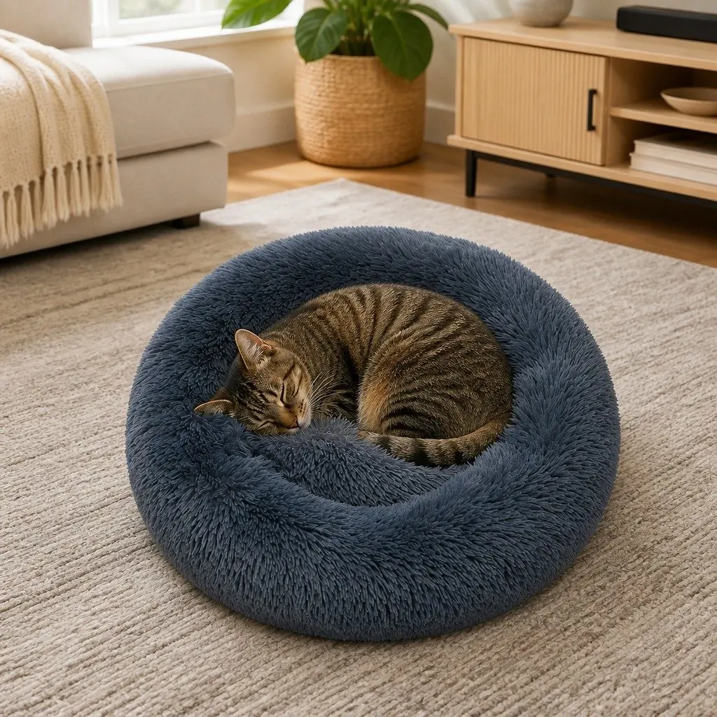 Pet Bed Dark Grey Small Plush Donut Mattress Comfort Calming Raised Rim Non-Slip