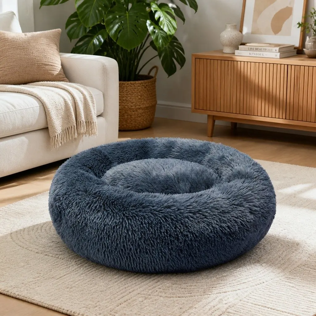 Pet Bed Dark Grey Small Plush Donut Mattress Comfort Calming Raised Rim Non-Slip