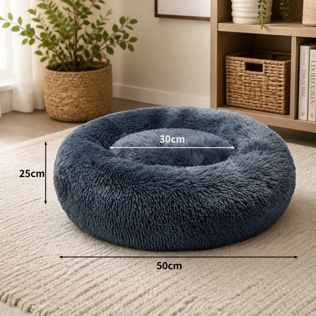 Pet Bed Dark Grey Small Plush Donut Mattress Comfort Calming Raised Rim Non-Slip