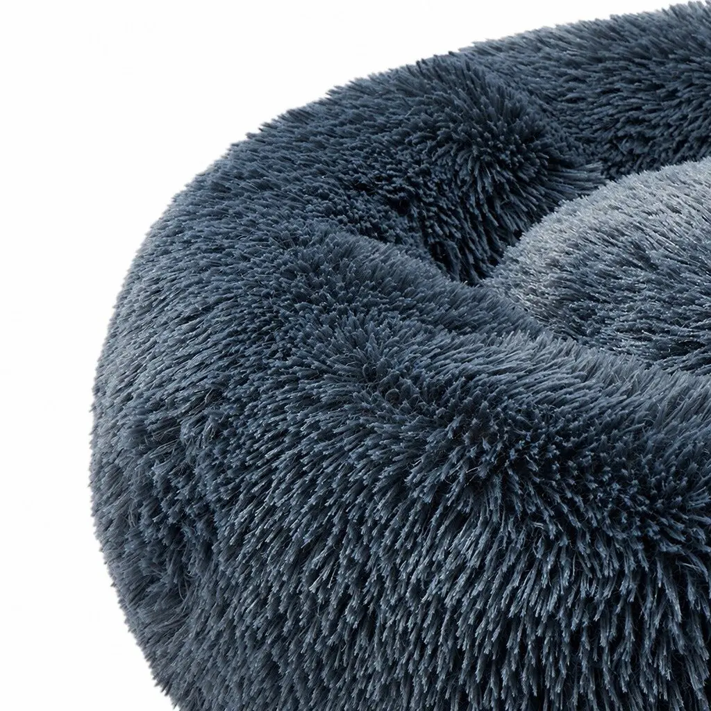 Pet Bed Dark Grey Small Plush Donut Mattress Comfort Calming Raised Rim Non-Slip