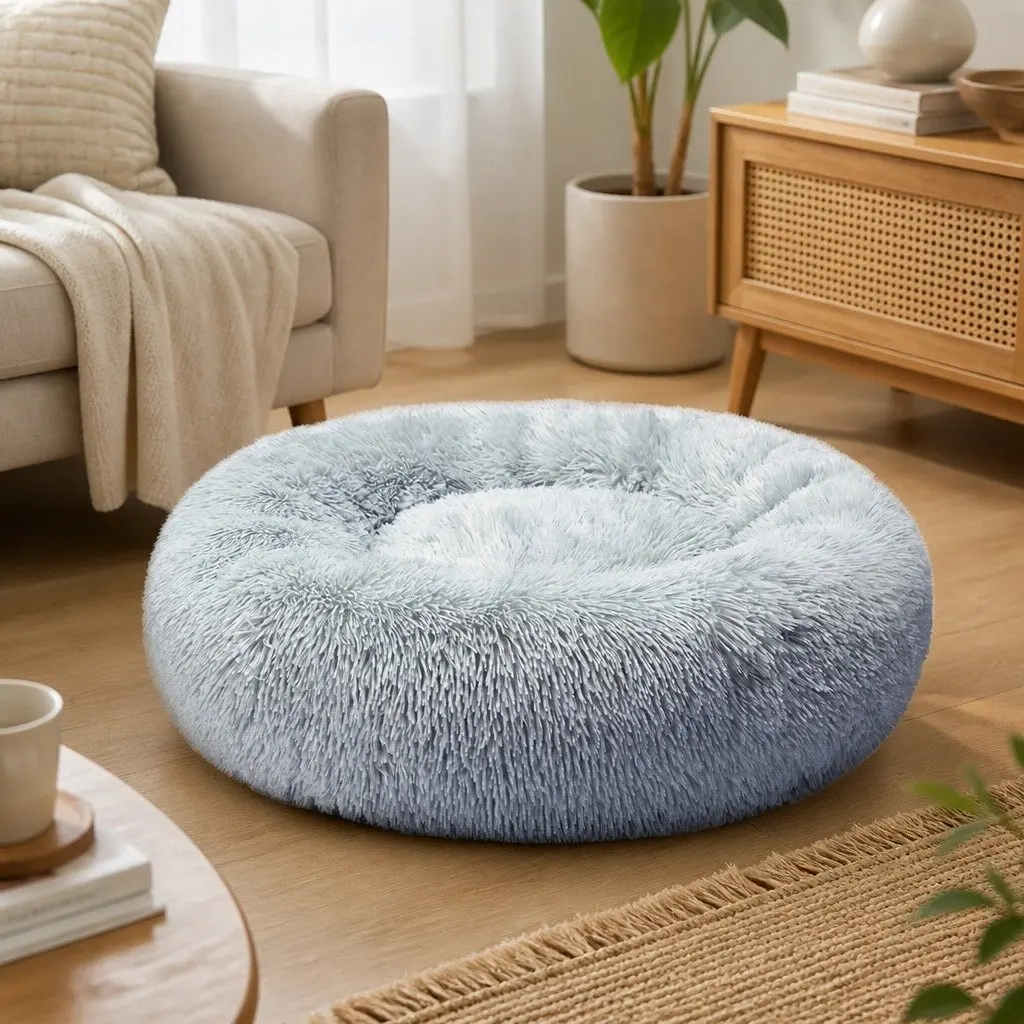 Pet Bed Donut Dog Beds XXL Mattress Cushion Raised Rim Non-Slip Grey Calming