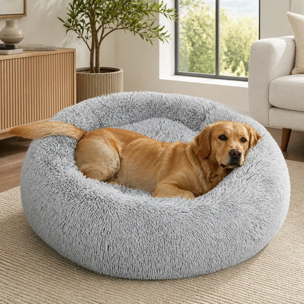 Pet Bed Donut Dog Beds XXL Mattress Cushion Raised Rim Non-Slip Grey Calming