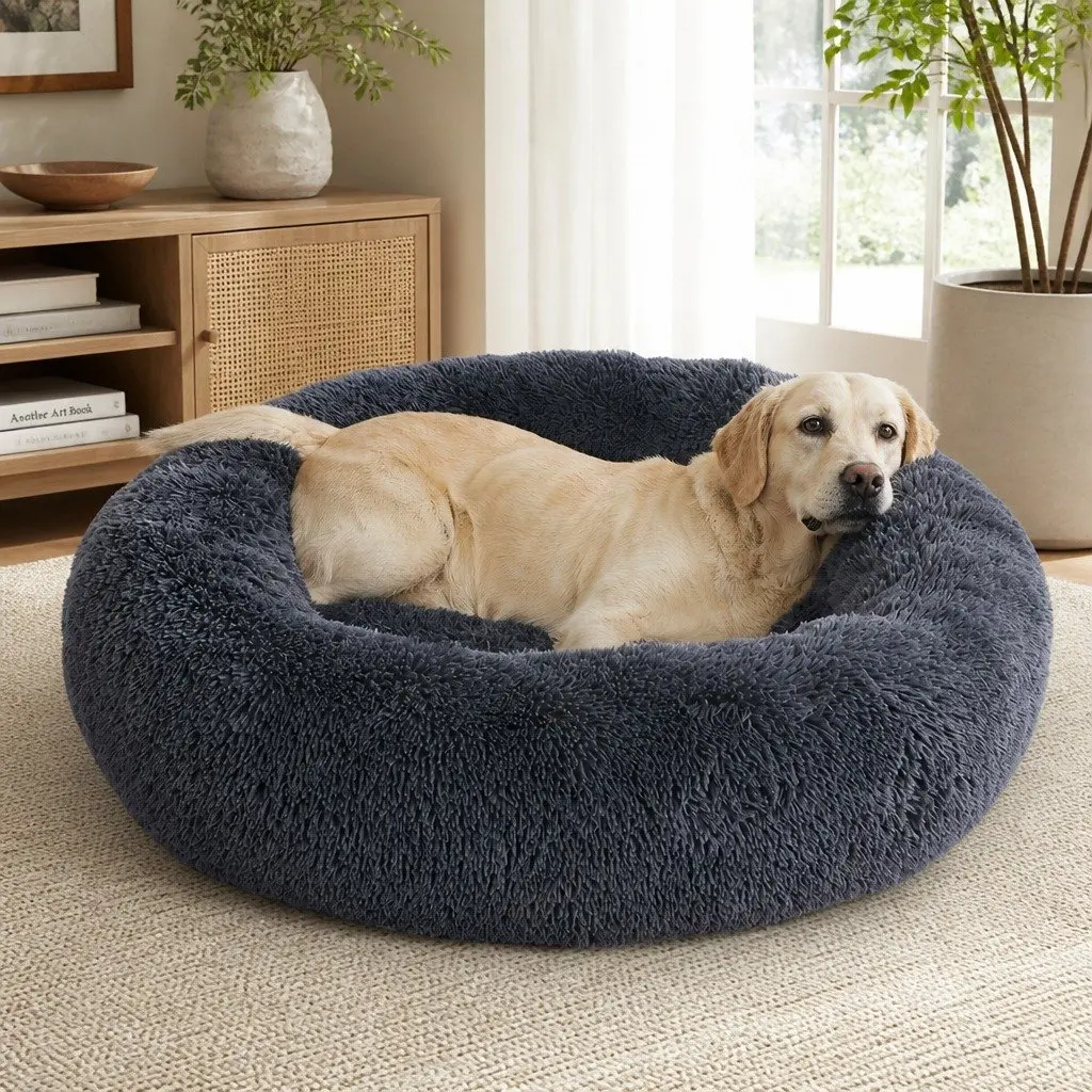 Pet Bed Donut Nest Calming XXXL Dark Grey Plush Surface Non-Slip Bottom