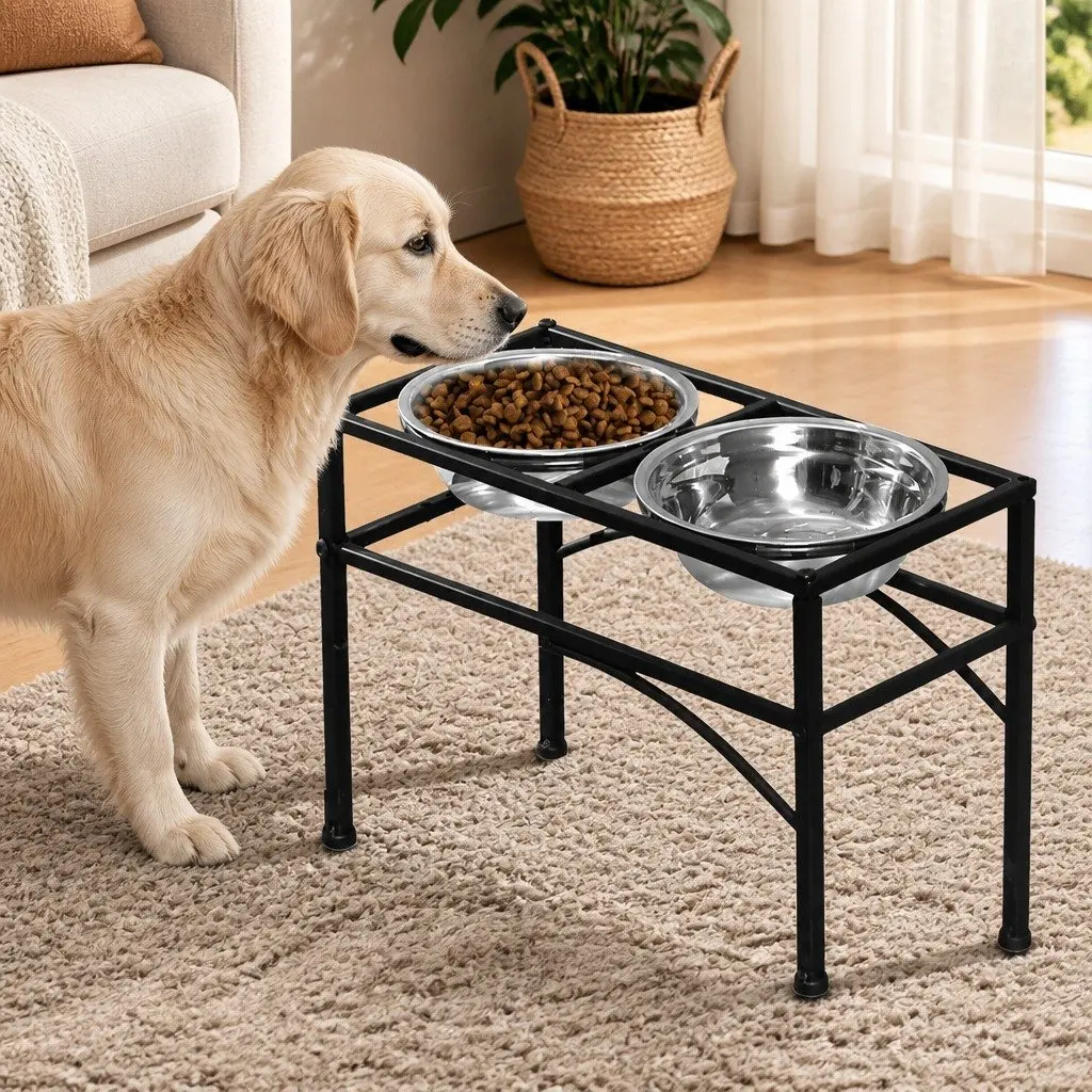 Dual Elevated Pet Dog Puppy Raised Feeding Dishes Large Stainless Steel Bowls