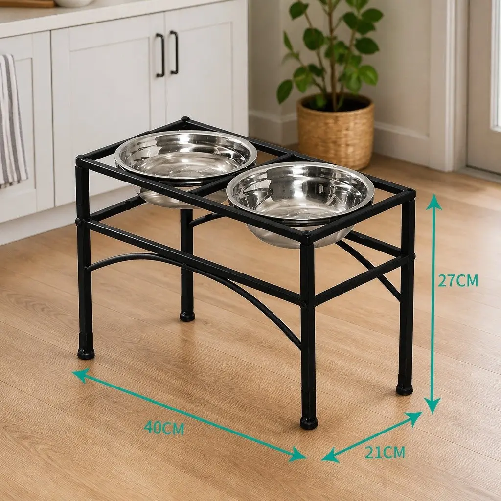 Dual Elevated Raised Pet Feeder Black Medium 2-in-1 Dish Stainless Steel Bowls