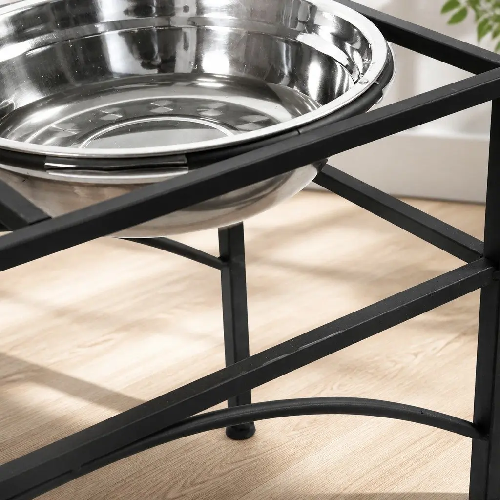 Dual Elevated Raised Pet Feeder Black Medium 2-in-1 Dish Stainless Steel Bowls