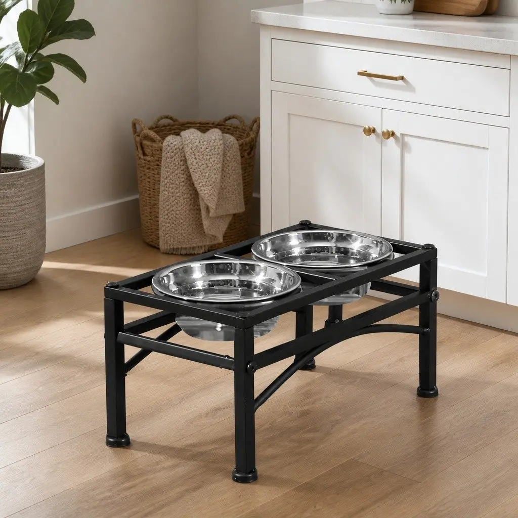 Dual Elevated Pet Feeder Black Small Stainless Steel Bowls Non-Slip Base