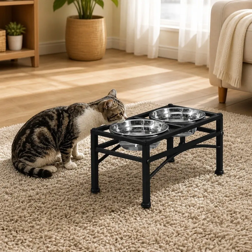 Dual Elevated Pet Feeder Black Small Stainless Steel Bowls Non-Slip Base