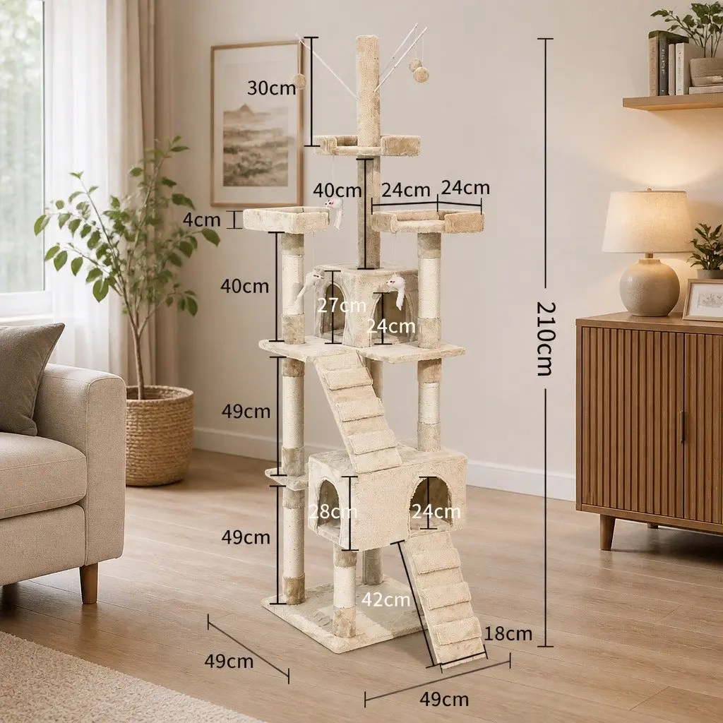 Multi-Level Cat Tree Beige Plush Climbing Frame with Scratching Post 210cm