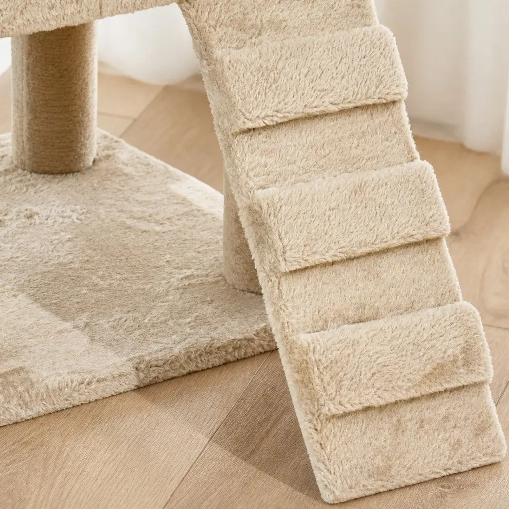 Multi-Level Cat Tree Beige Plush Climbing Frame with Scratching Post 210cm