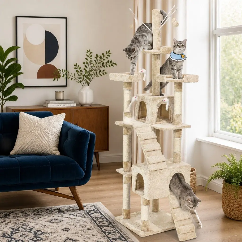 Multi-Level Cat Tree Beige Plush Climbing Frame with Scratching Post 210cm