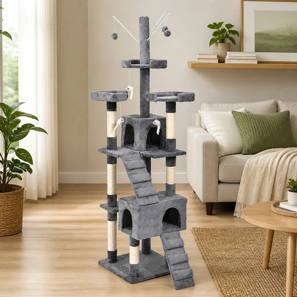 Cat Tree Grey Multi-Level Climbing Frame Sisal Poles Plush