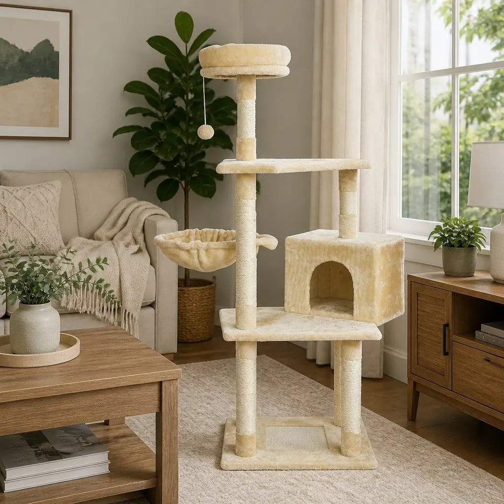 Cat Tree Scratching Post Multi-Level Climbing Tower Bed Cubby Plush Platform