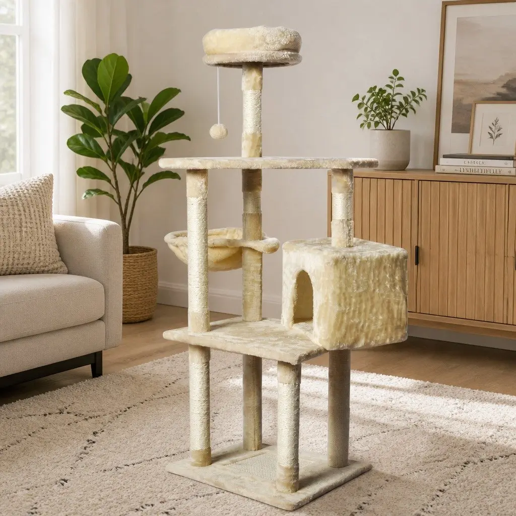 Cat Tree Scratching Post Multi-Level Climbing Tower Bed Cubby Plush Platform