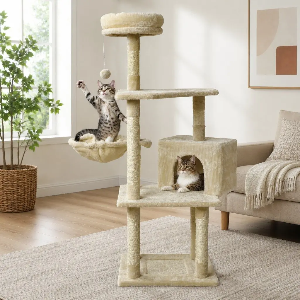 Cat Tree Scratching Post Multi-Level Climbing Tower Bed Cubby Plush Platform