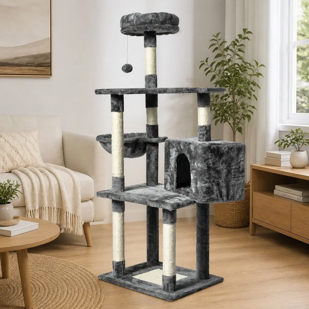 Cat Tree Grey 130cm Multi-Level Platform Climbing Tower Perch Bed