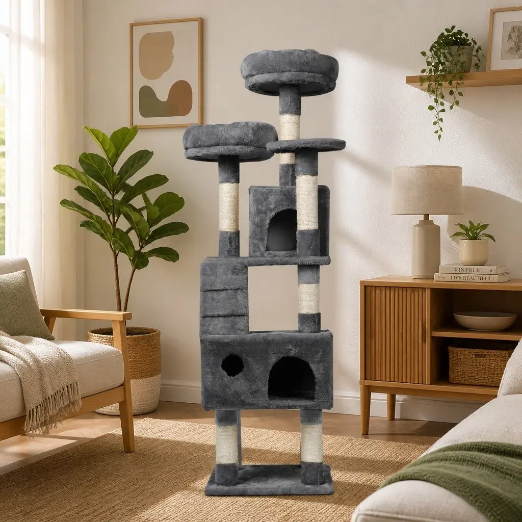 Cat Tree Grey Multi-Level Platform with Sisal Scratching Posts and Plush Bed Cube