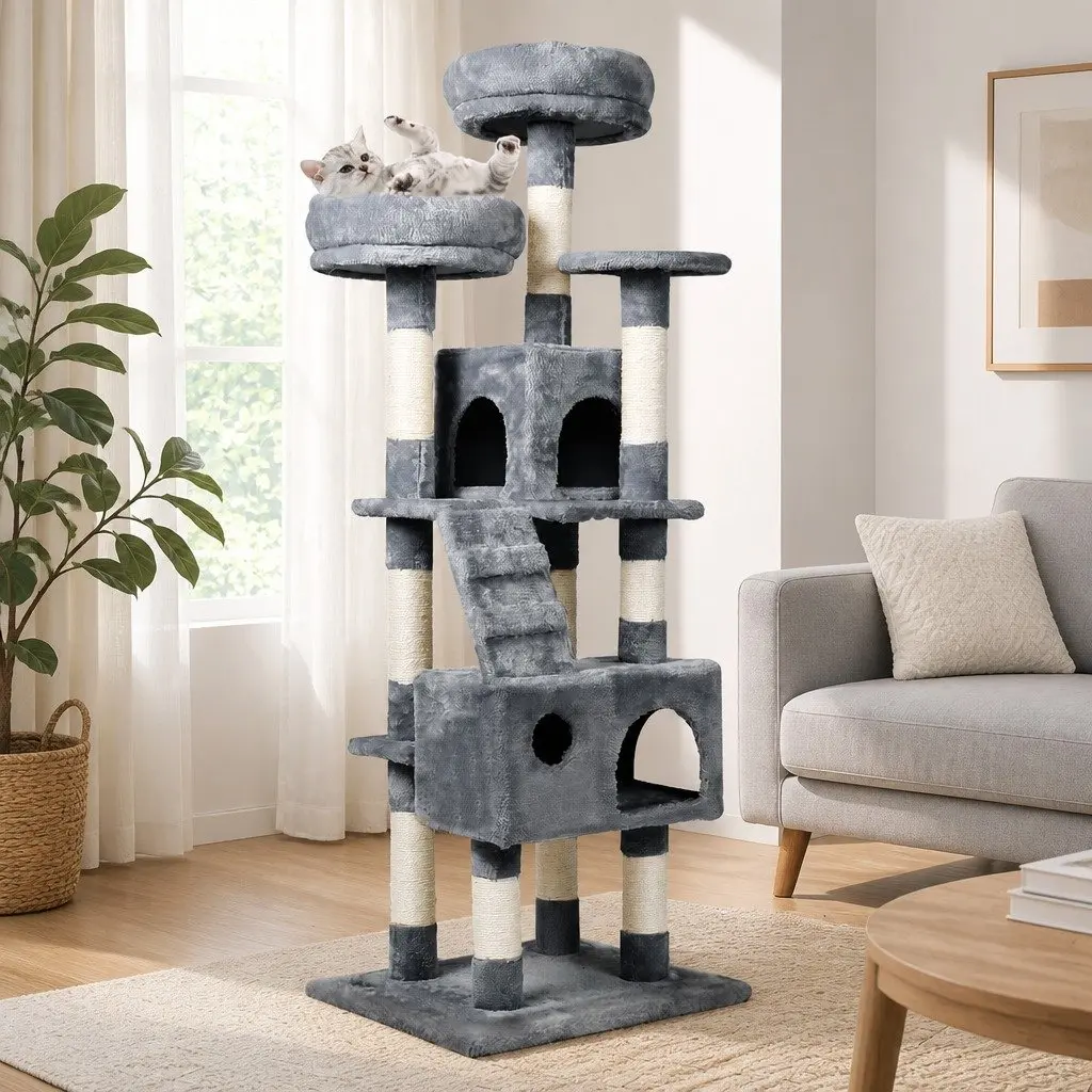Cat Tree Grey Multi-Level Platform with Sisal Scratching Posts and Plush Bed Cube