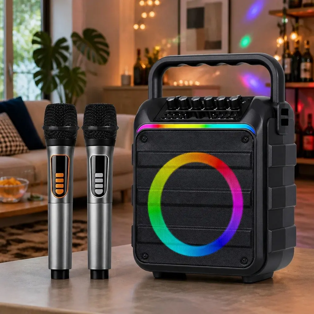 Portable Karaoke Machine Black Bluetooth 5.3 with 2 Wireless Microphones and Multi-Function Audio Controls