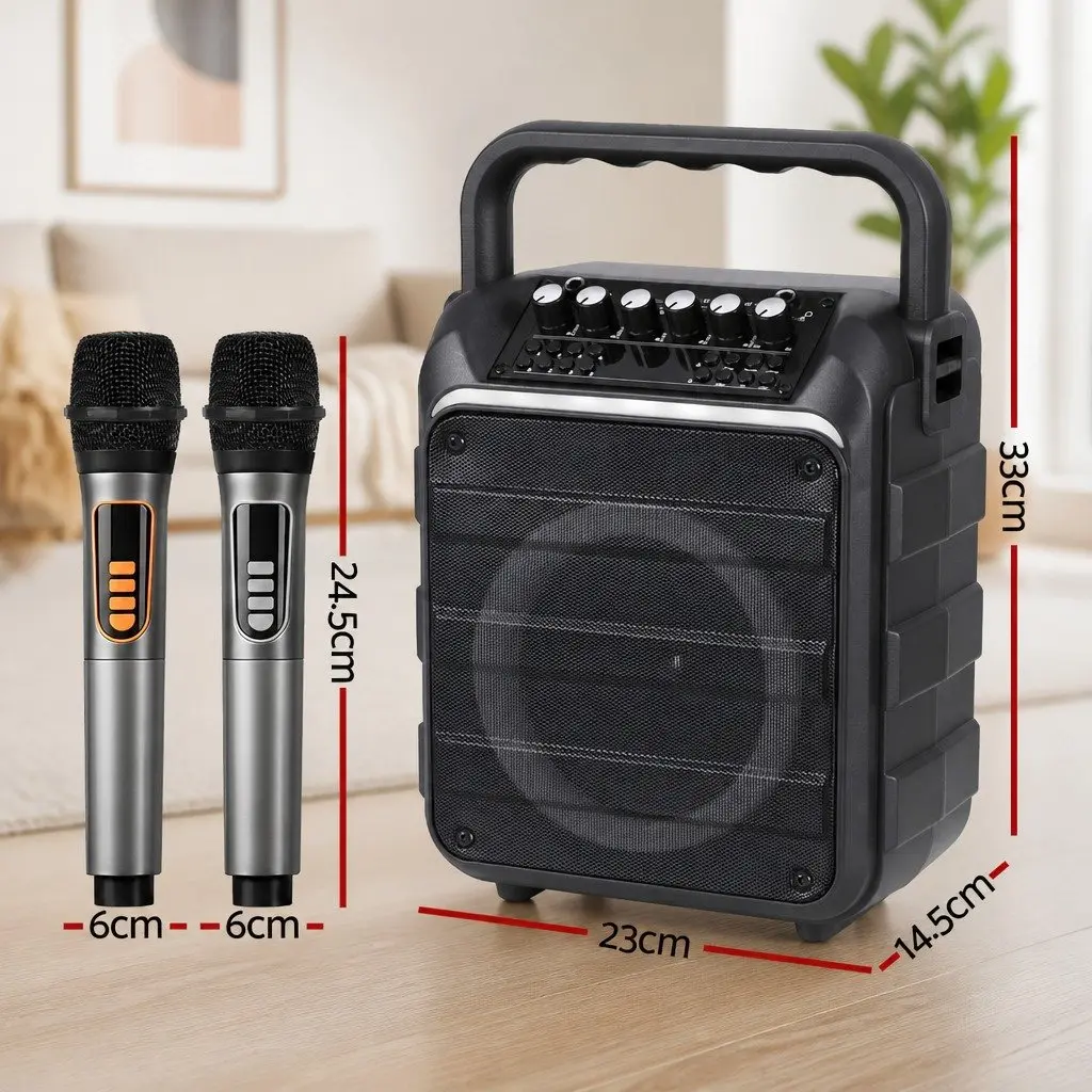Portable Karaoke Machine Black Bluetooth 5.3 with 2 Wireless Microphones and Multi-Function Audio Controls