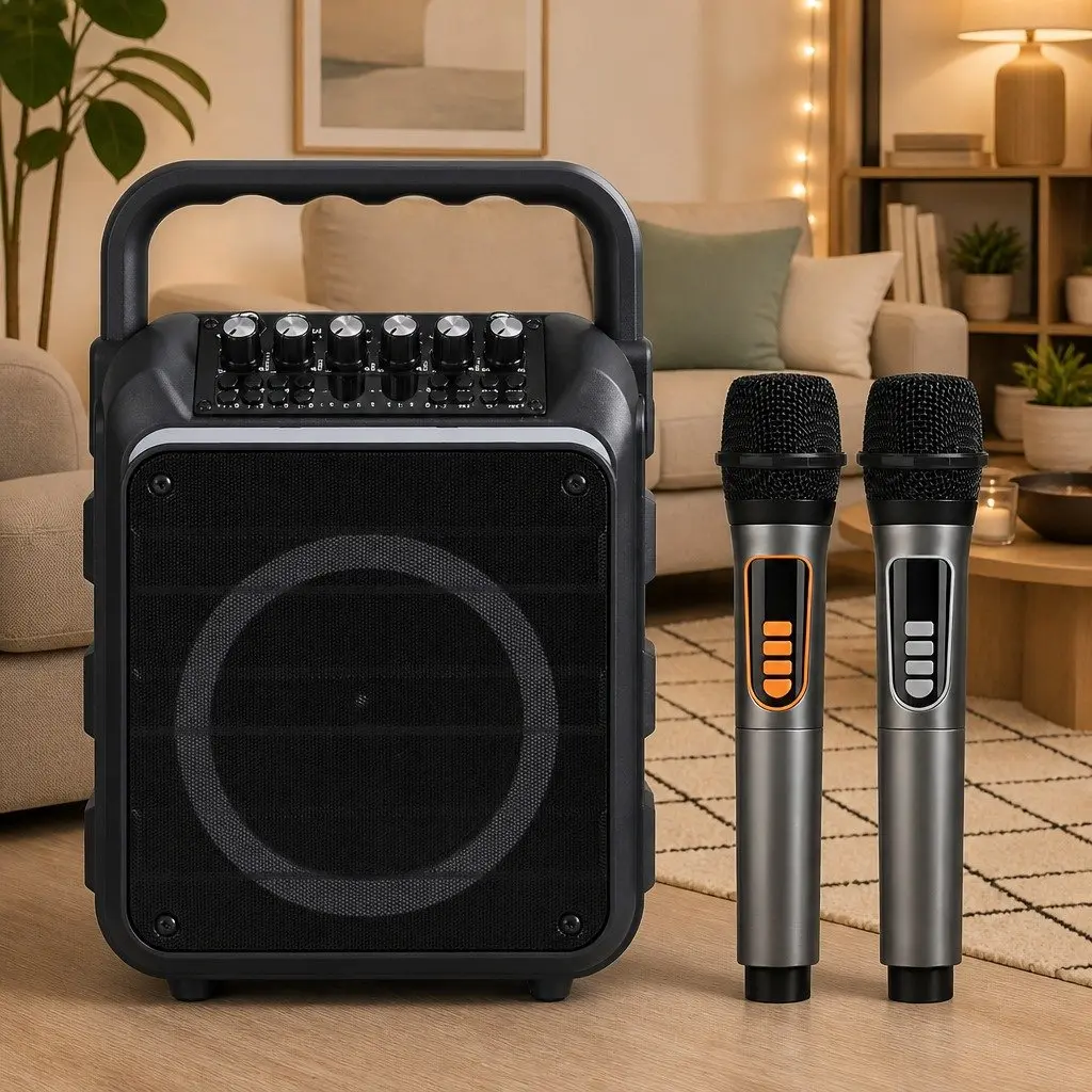 Portable Karaoke Machine Black Bluetooth 5.3 with 2 Wireless Microphones and Multi-Function Audio Controls
